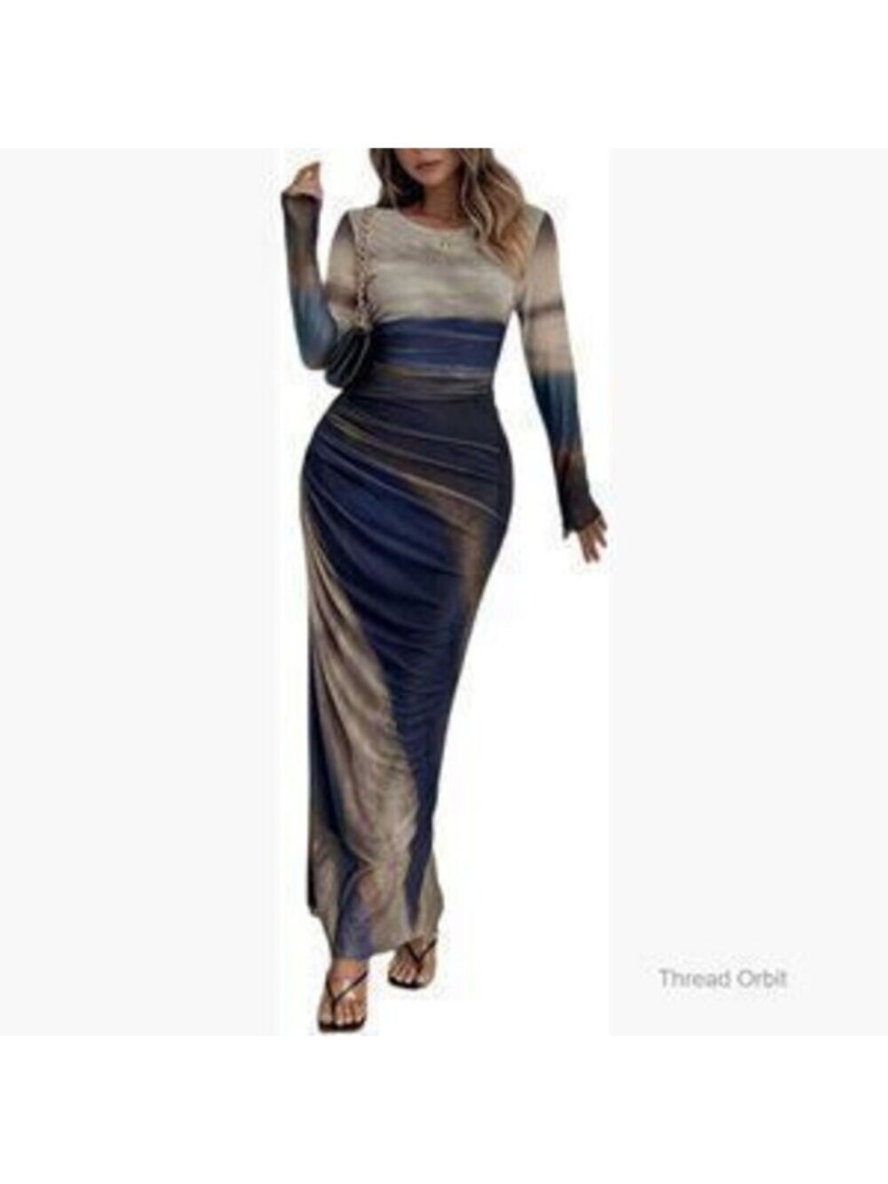 Long Sleeve Bodycon Maxi Dress Mesh Ruched Tie Dye Cocktail Party